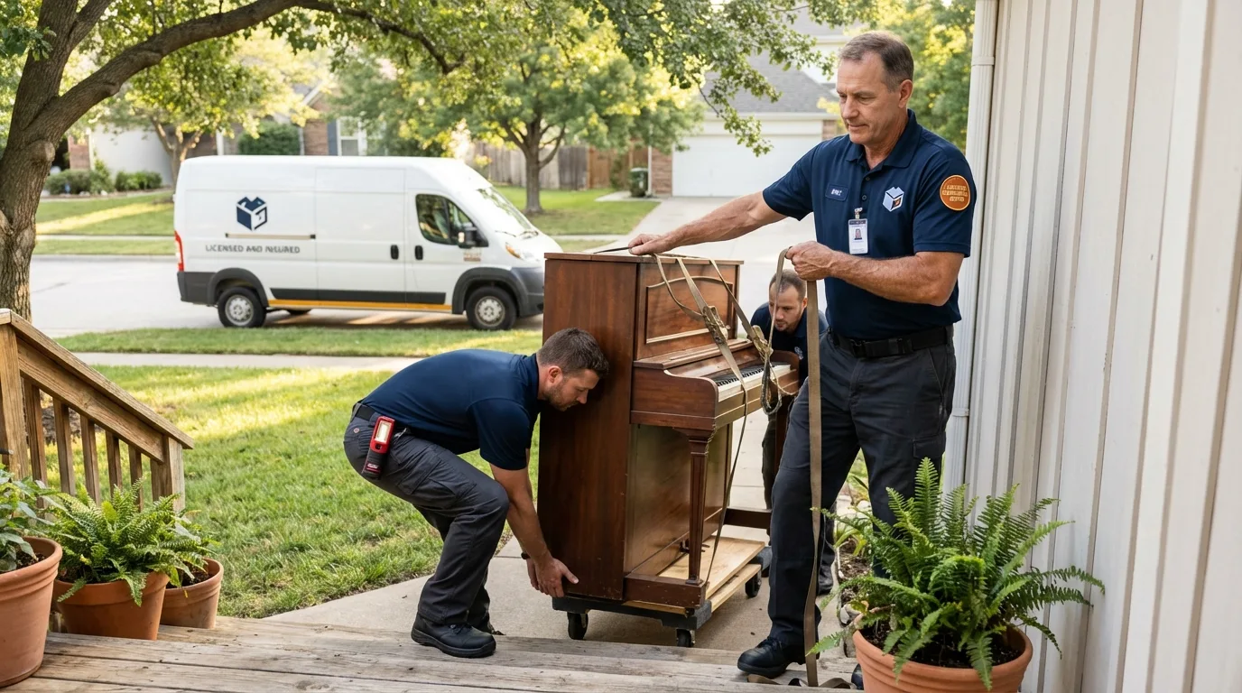 Licensed piano movers securing grand piano in Skiatook, OK