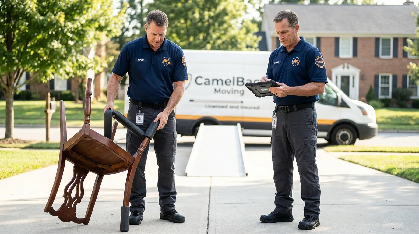 Movers inspecting furniture for damage prevention before loading in Skiatook, OK